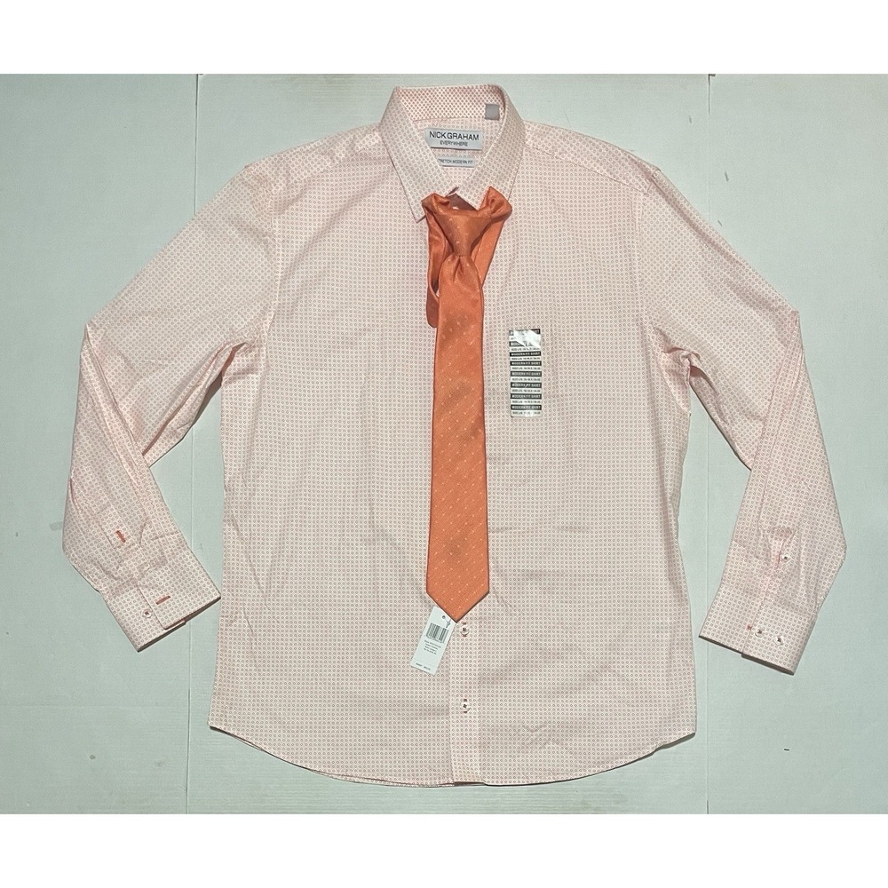 Nick Graham Everywhere‎ Modern Fit Dress Shirt & Tie Coral Print L 16-16.5 NWT